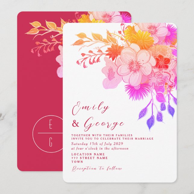 Pink Magenta Floral Wedding Invitation (Front/Back)