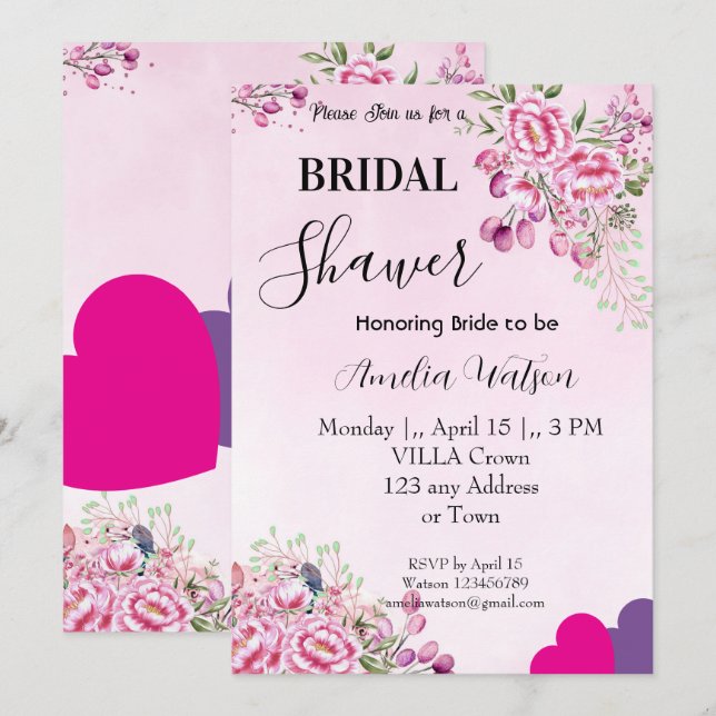 Pink, Magenta  Flowers Classical Bridal Shower Invitation (Front/Back)