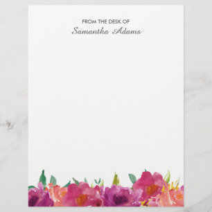 Pink Magenta Flowers Watercolor Notes Letterhead
