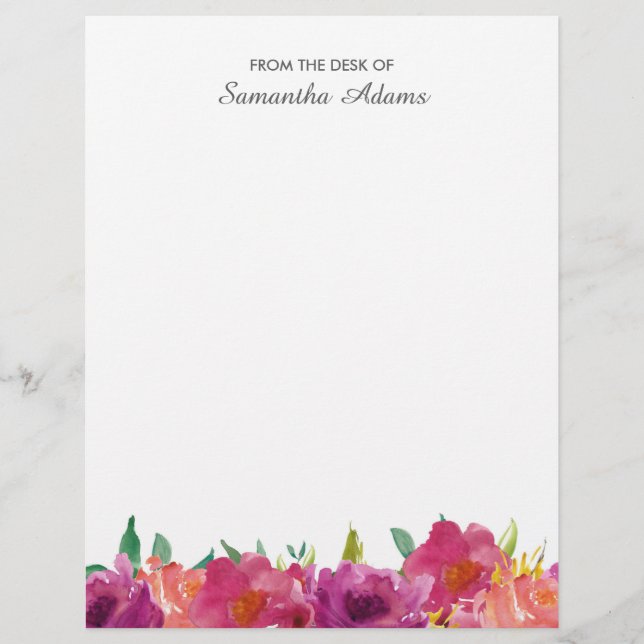 Pink Magenta Flowers Watercolor Notes Letterhead (Front)
