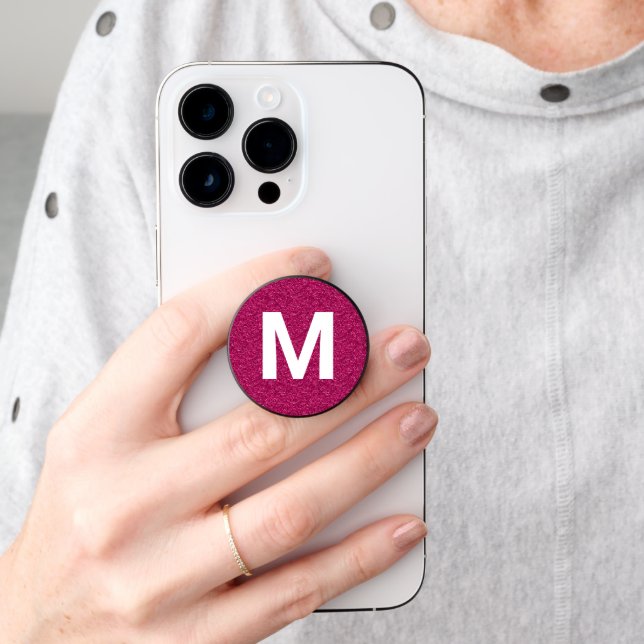 Pink Magenta Foil Look and Monogram PopSocket (Hand)