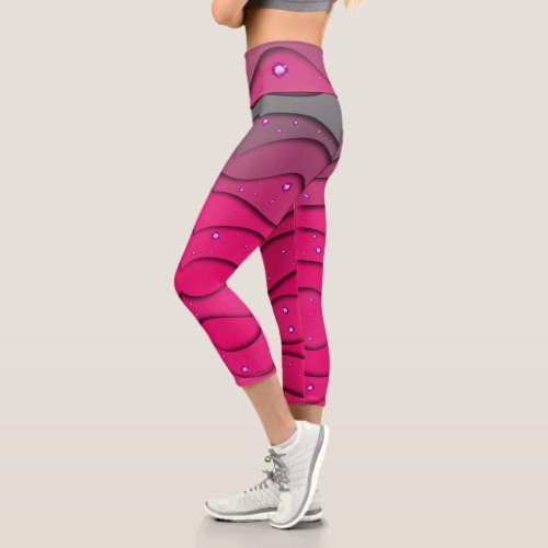 Pink Magenta Glam Paper Cut Out Art with Diamonds Capri Leggings