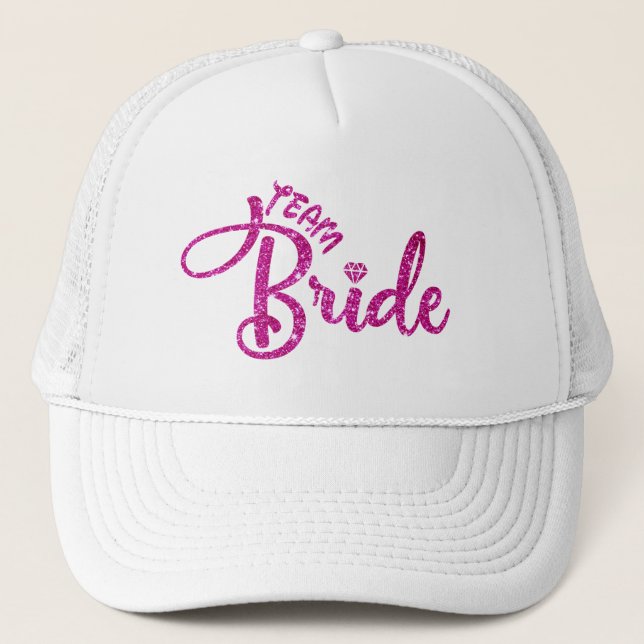 Pink Magenta Glitter Bridal White team Bride hat (Front)