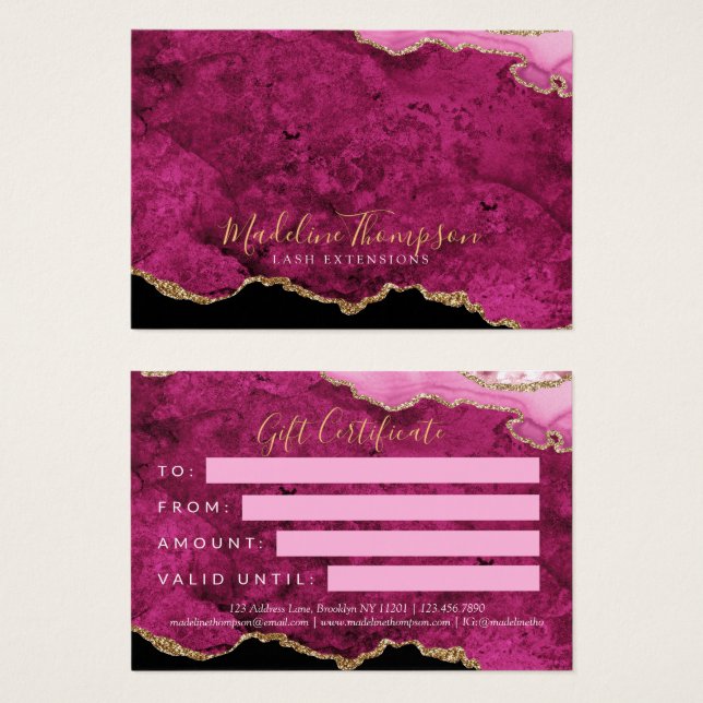 Pink Magenta Gold Agate Business Gift Certificate (Front & Back)