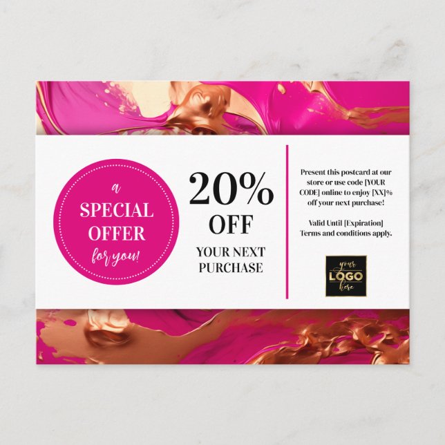 Pink Magenta Gold Paint Coupon Discount Postcard (Front)