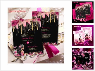 Pink, Magenta Gold Quinceanera Dress Invitations