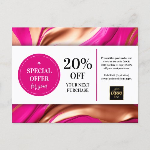 Pink Magenta Gold Swirls Coupon Discount Postcard