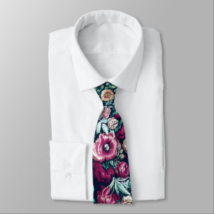 Pink Magenta Green Blue Teal Peony & Rose Flowers Neck Tie