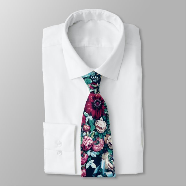 Pink Magenta Green Blue Teal Peony & Rose Flowers Neck Tie (Tied)