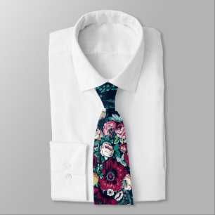 Pink Magenta Green Blue Teal Peony & Rose Flowers Neck Tie