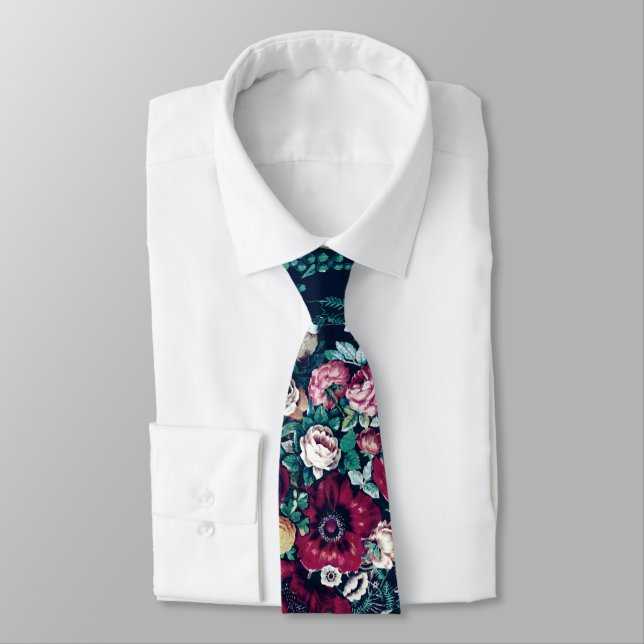 Pink Magenta Green Blue Teal Peony & Rose Flowers Neck Tie (Tied)
