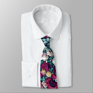 Pink Magenta Green Blue Teal Peony & Rose Flowers Neck Tie