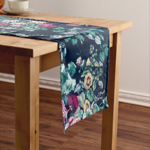 Pink Magenta Green Blue Teal Peony & Rose Flowers Short Table Runner