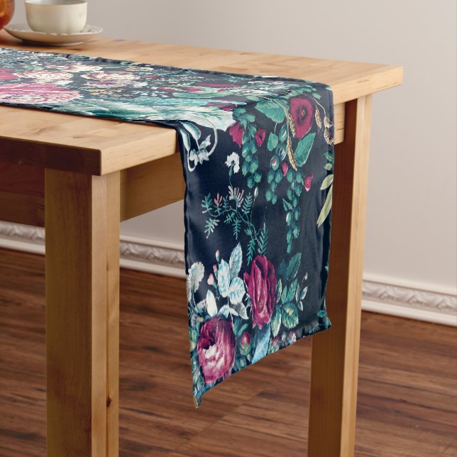 Pink Magenta Green Blue Teal Peony & Rose Flowers Short Table Runner (In Situ)