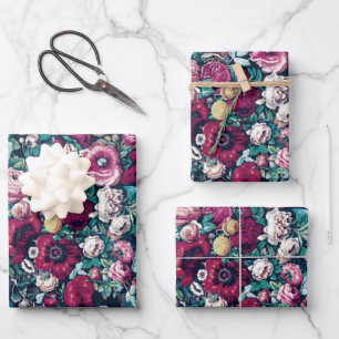 Pink Magenta Green Blue Teal Peony & Rose Flowers Wrapping Paper Sheets
