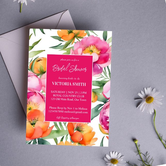 Pink magenta orange peonies elegant bridal shower invitation (Bold Pink magenta orange peonies elegant bridal shower editable template invitation digital download)