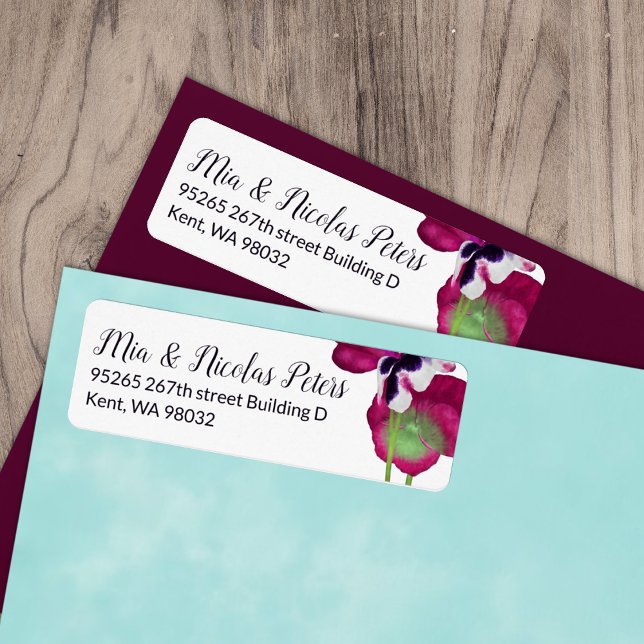 Pink, Magenta Pansies Wedding Address Label (magenta pink berry violet pansies flowers wedding invitation address label, mailing return address)