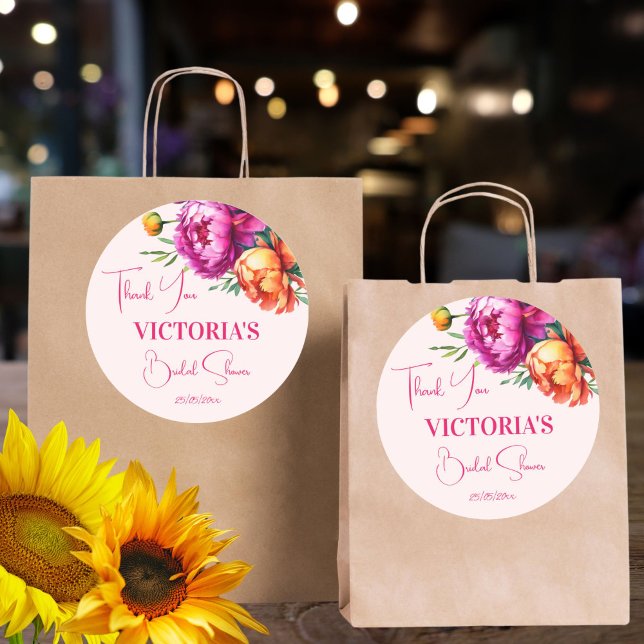 Pink magenta peach floral bridal shower favor classic round sticker (Pink magenta peach peonies spring summer floral bridal shower thank you favor sticker)