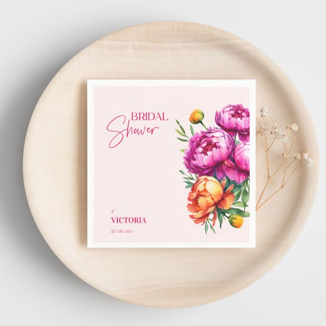 Pink magenta peach peonies elegant bridal shower napkins (Pink magenta peach peonies elegant bridal shower custom template napkins personalized tableware)
