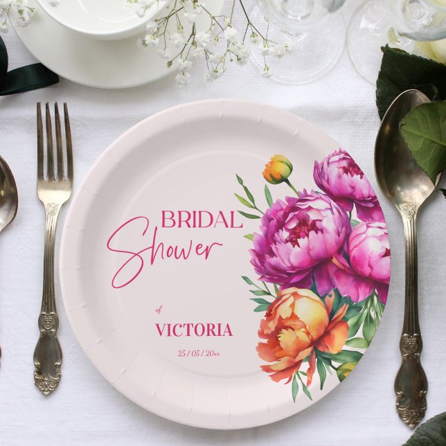Pink magenta peach peonies elegant bridal shower paper plates (Pink magenta peach peonies floral elegant bridal shower template paper plates personalized tableware)