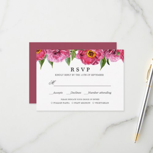 Pink Magenta Peonies WEDDING RSVP MEAL CHOICE