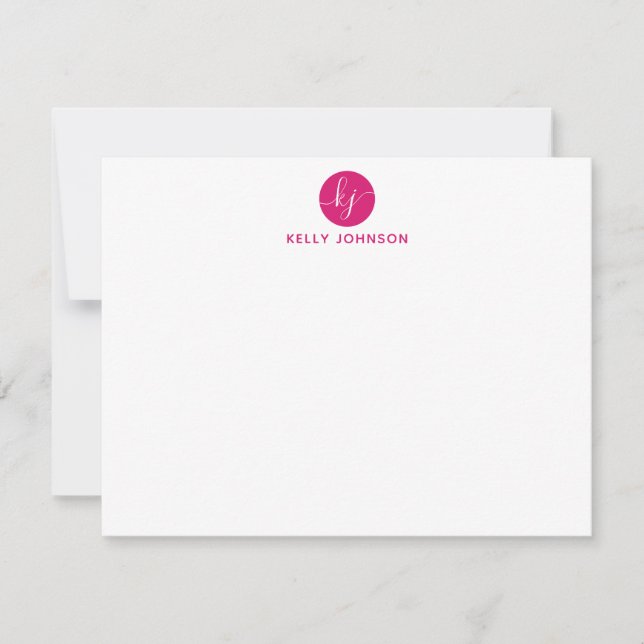 Pink Magenta Script Monogram Circle Trendy Girly Note Card (Front)