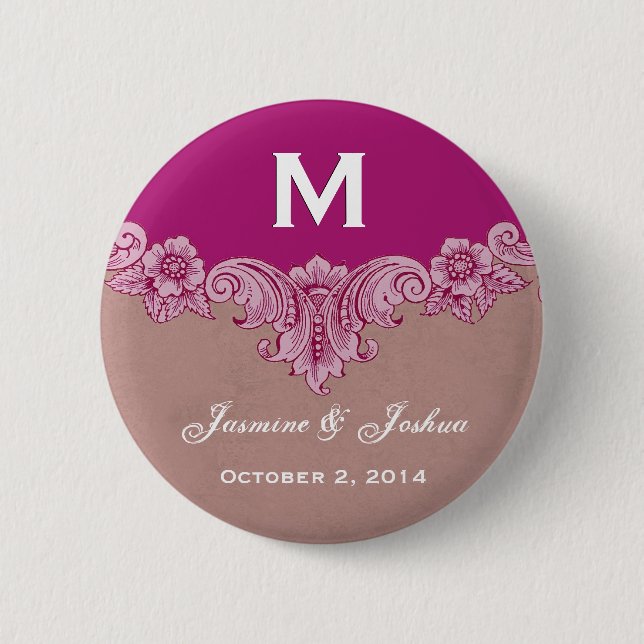 Pink Magenta Vintage Custom Monogram  Wedding Pinback Button (Front)