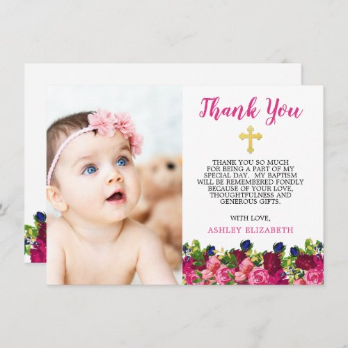 Pink Magenta Watercolor Floral Baby Girl Baptism  Thank You Card