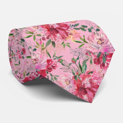 Pink Magenta Watercolor Floral Neck Tie