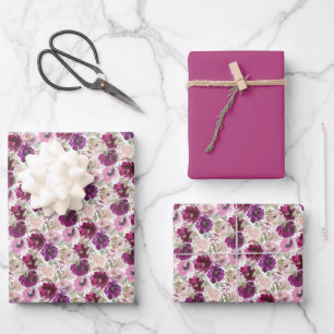 Pink Magenta Watercolor Floral Wrapping Paper Sheets