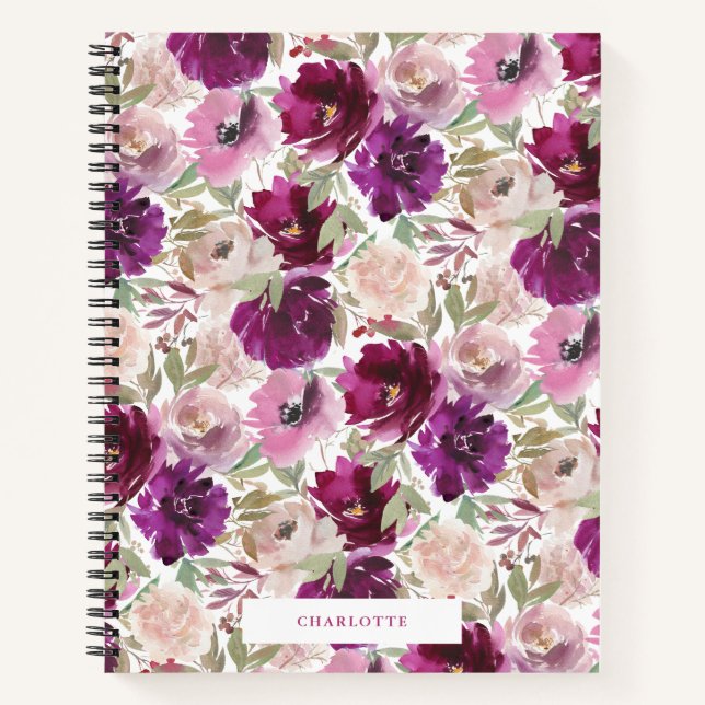Pink Magenta Watercolor Florals Spiral Notebook (Front)