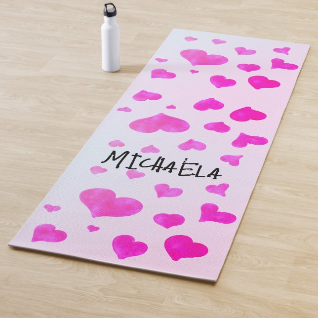 Pink magenta watercolor hearts Your Custom name Yoga Mat (In Situ)