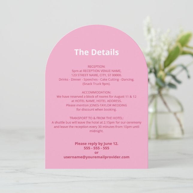 Pink Magenta Wedding Details Card (Standing Front)