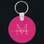 Pink Magenta White Monogram Name Modern Script Keychain<br><div class="desc">Simple Pink Magenta White Monogram Elegant Modern Script Keychain</div>