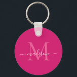 Pink Magenta White Monogram Name Modern Script Keychain<br><div class="desc">Simple Pink Magenta White Monogram Elegant Modern Script Keychain</div>