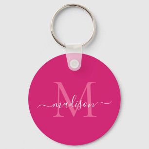 Pink Magenta White Monogram Name Modern Script Keychain