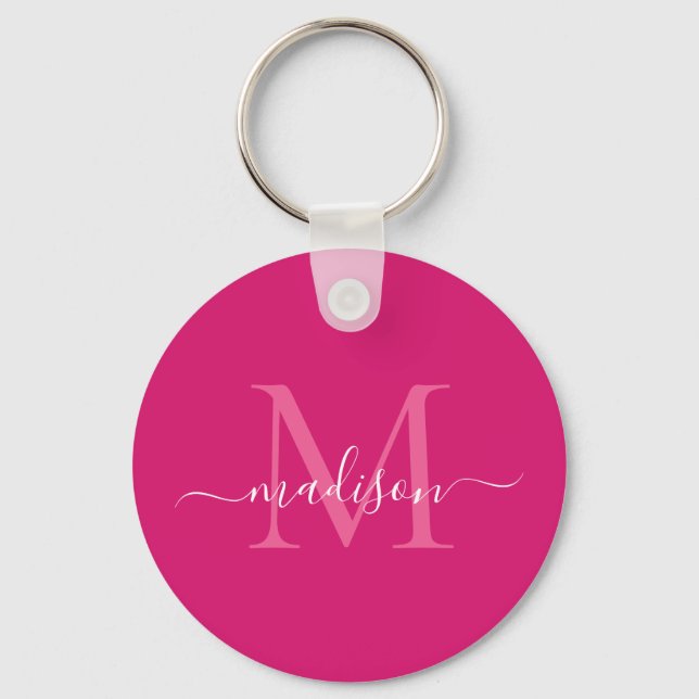 Pink Magenta White Monogram Name Modern Script Keychain (Front)