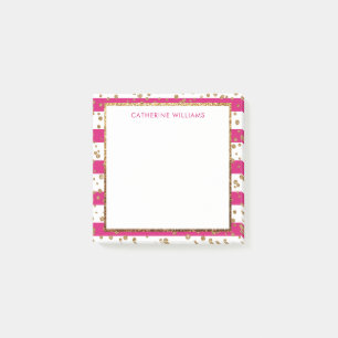Pink Magenta White Stripe Gold Glitter Confetti Post-it Notes