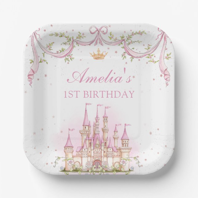 Pink Magic Princess Castle Birthday Paper Plate (Front)