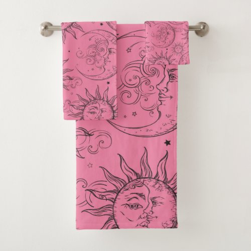 Pink Magic Vintage Celestial Sun Moon Stars Bath Towel Set