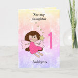 Pink Magical Fairy 1st Birthday Card<br><div class="desc">A magical personalized fairy 1st birthday card for daughter,  granddaughter,  niece,  etc.. The front features a brunette fairy holding a gold wand against a pretty watercolor background. The front and inside message can be easily personalized. A magical 1st  birthday card keepsake for her.</div>