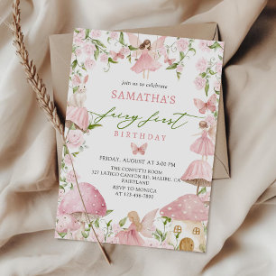 Pink Magical Forest Fairy First Birthday Invitation