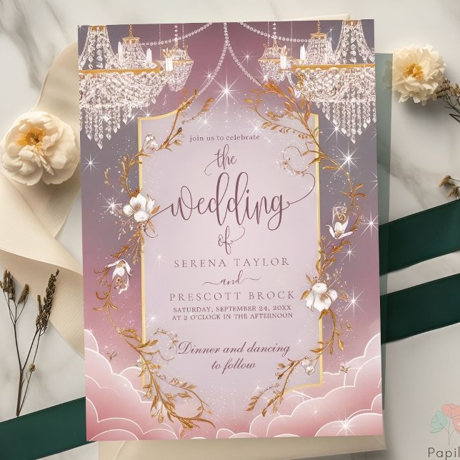 Pink Magical Golden Accent Wedding Invitation (Creator Uploaded)