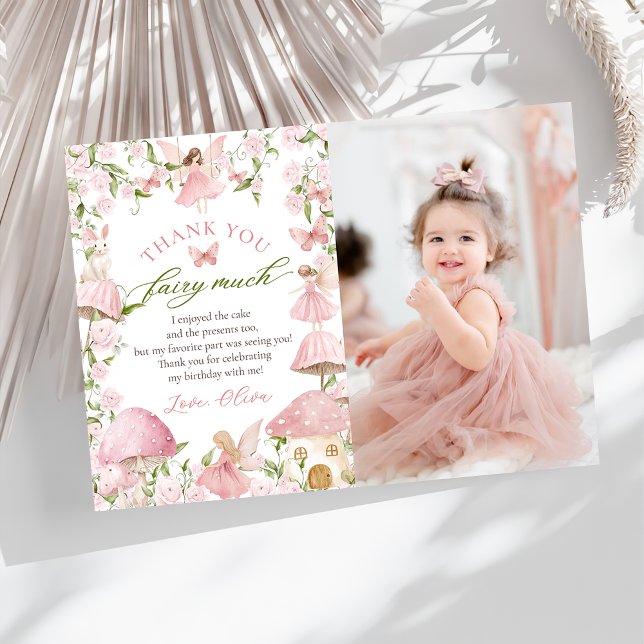 Pink Magical Mushroom Fairy Birthday Photo Thank You Card (Creator Uploaded)
