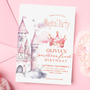 Pink Magical Princess Castle 1st Birthday Party   Invitation