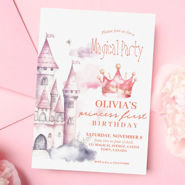 Pink Magical Princess Castle 1st Birthday Party Invitation | Zazzle