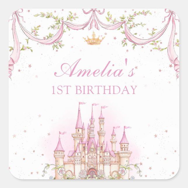 Pink Magical Princess Castle Birthday Sticker (Front)