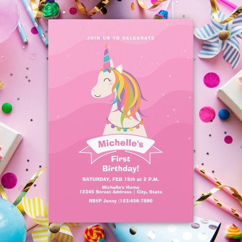 Pink Magical Rainbow Unicorn Baby 1st Birthday Invitation