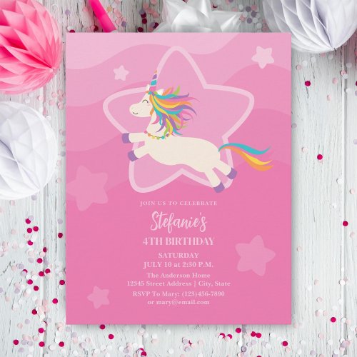 Pink Magical Rainbow Unicorn Girl Birthday Invitation