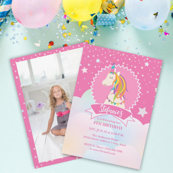 Pink Magical Rainbow Unicorn Girl Birthday Photo Invitation by littleteapotdesigns at Zazzle